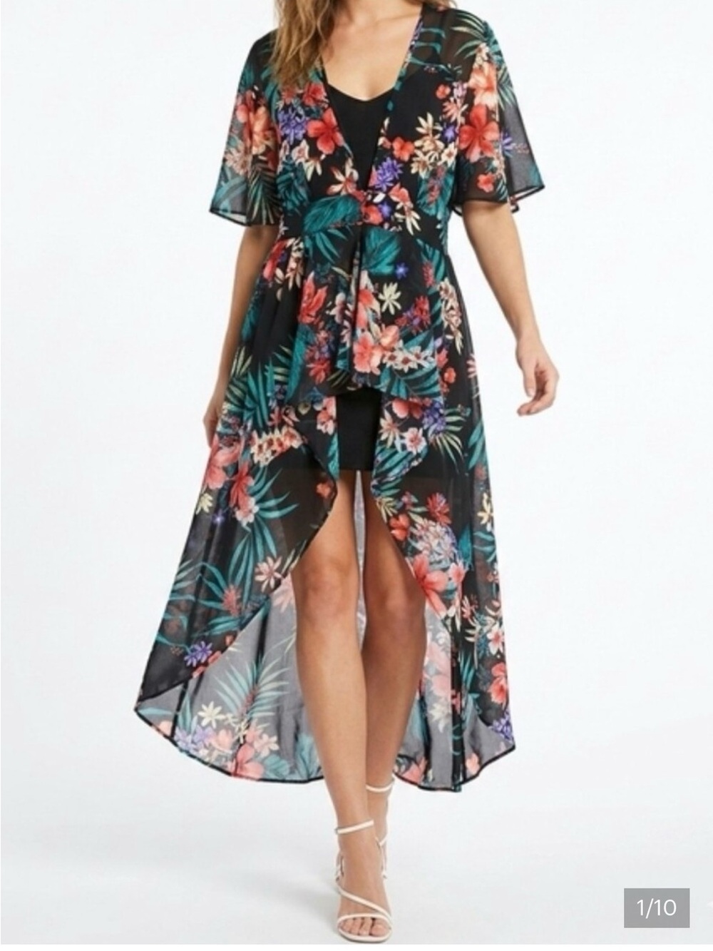 Y/Project Black Floral High-Low Kimono Dress with Teal & Coral Accents